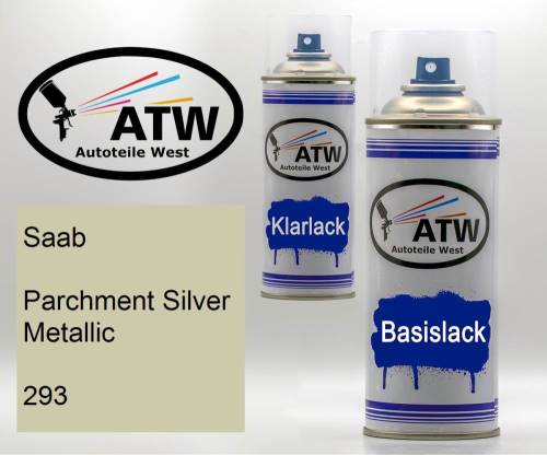 Saab, Parchment Silver Metallic, 293: 400ml Sprühdose + 400ml Klarlack - Set, von ATW Autoteile West.